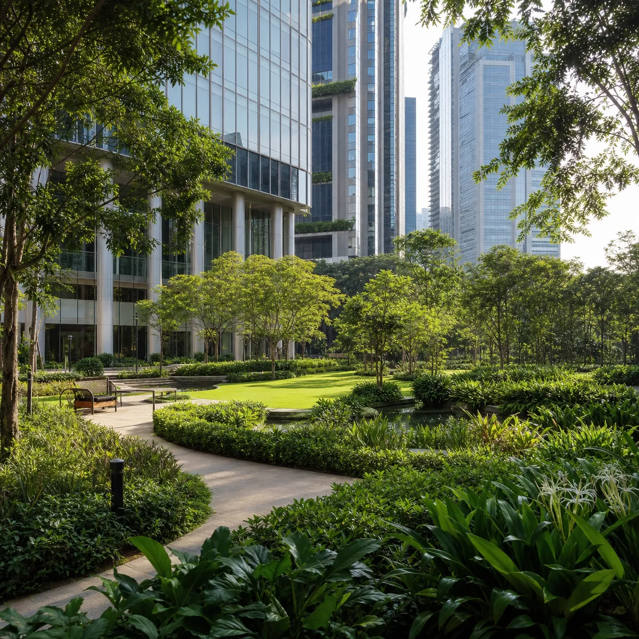 Landscaped urban park and green space beside a premium office development