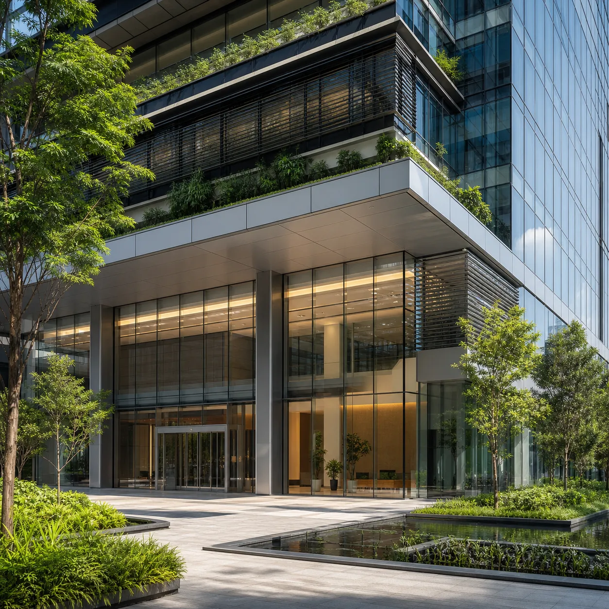 Sustainable GreenRE Silver office building with landscaped frontage