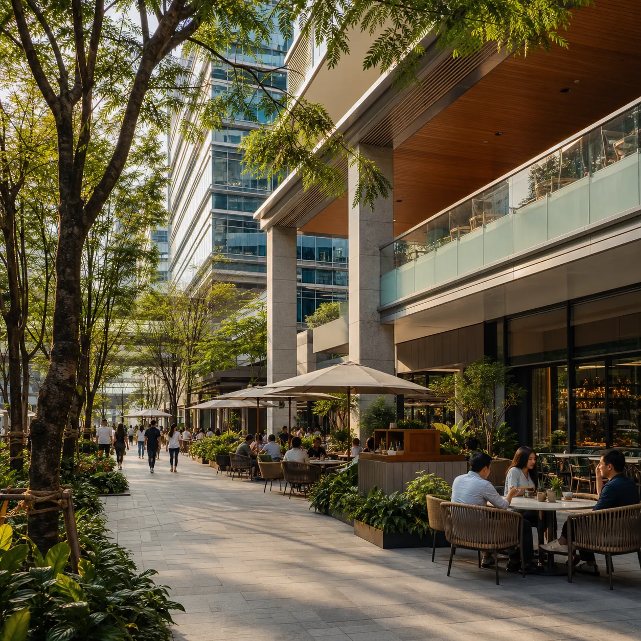 Office lifestyle amenities with dining promenade and landscaped outdoor seating