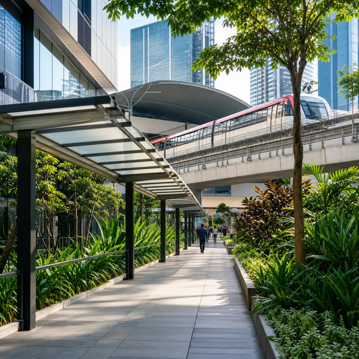 Covered pedestrian walkway connecting office towers to nearby LRT transit