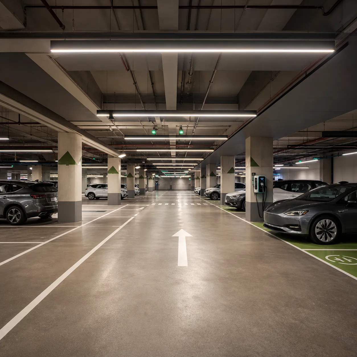 Modern multi-level office parking area with organized parking bays