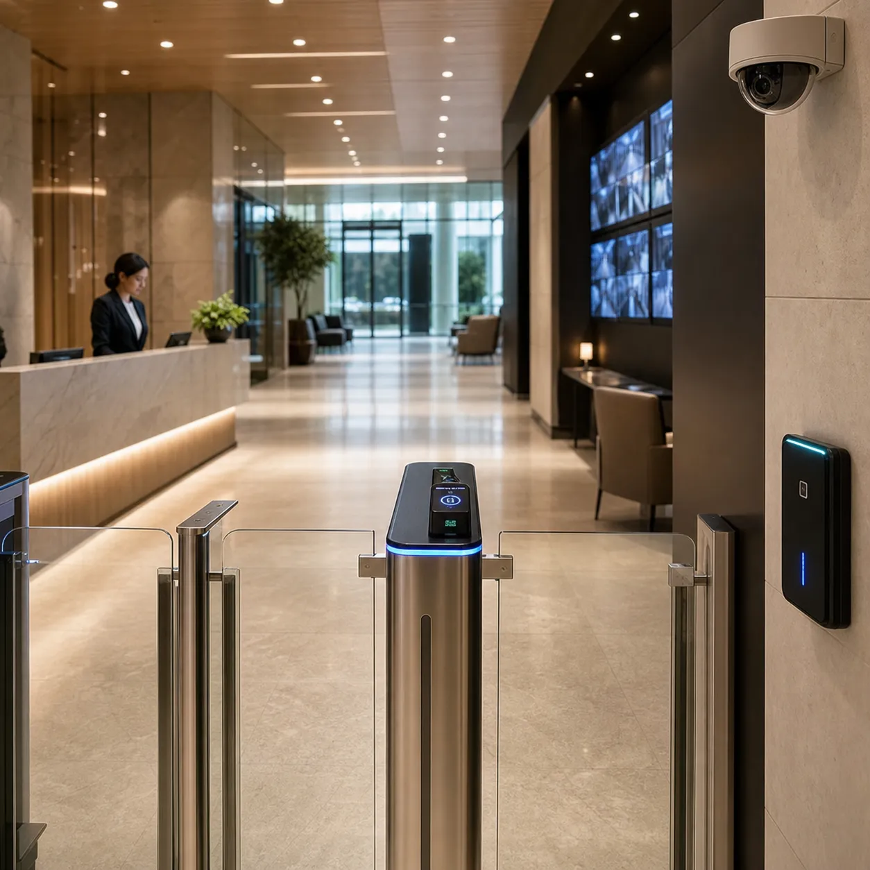Smart office lobby security with access gates, CCTV, and card reader