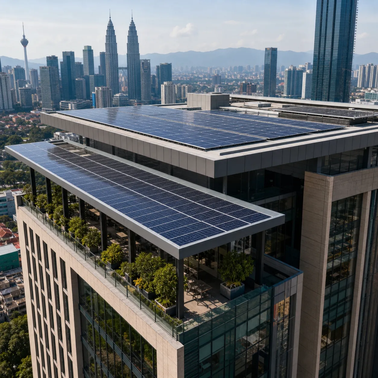 Integrated solar panels on a modern premium office tower rooftop